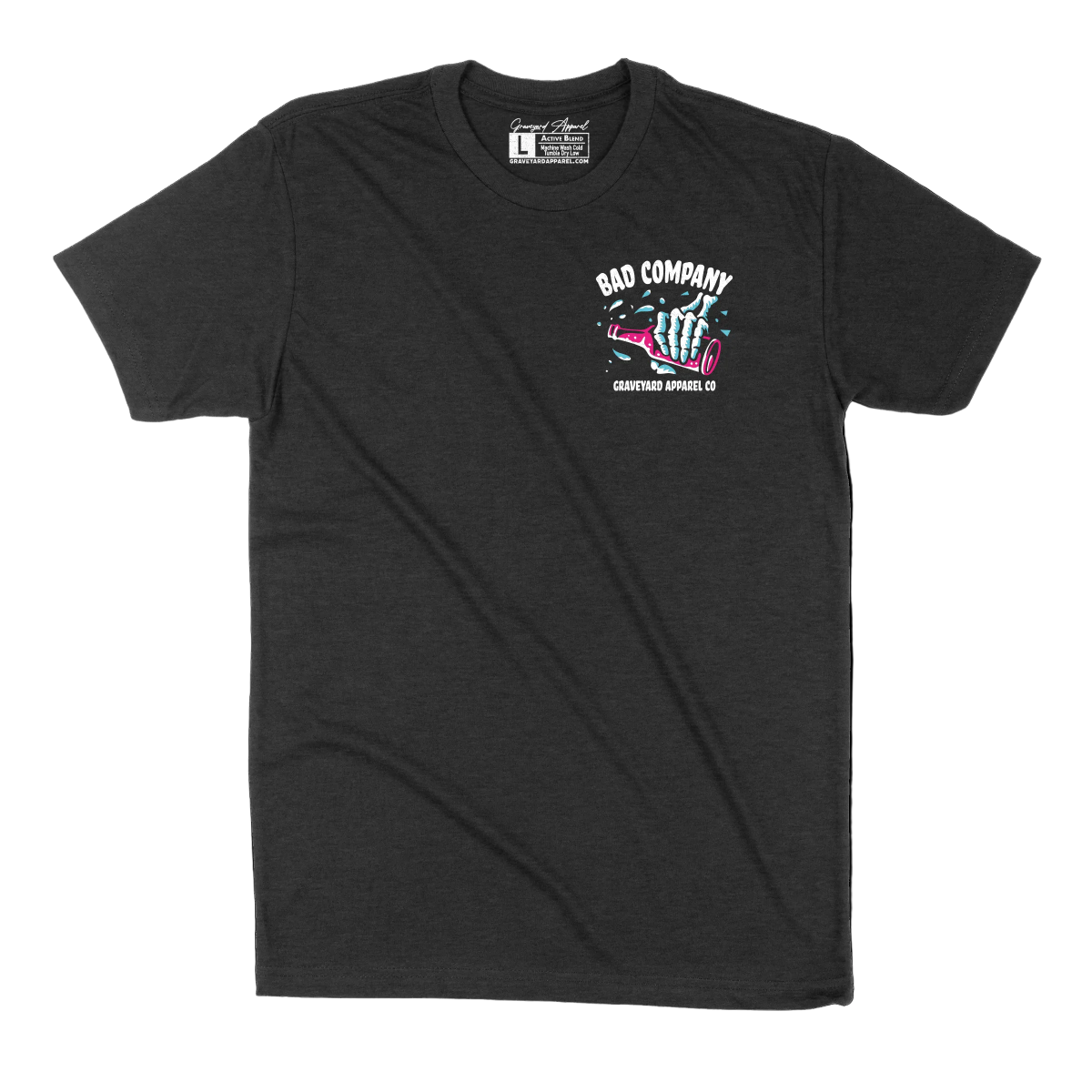 Black t-shirt with a graphic design on the chest against a white background