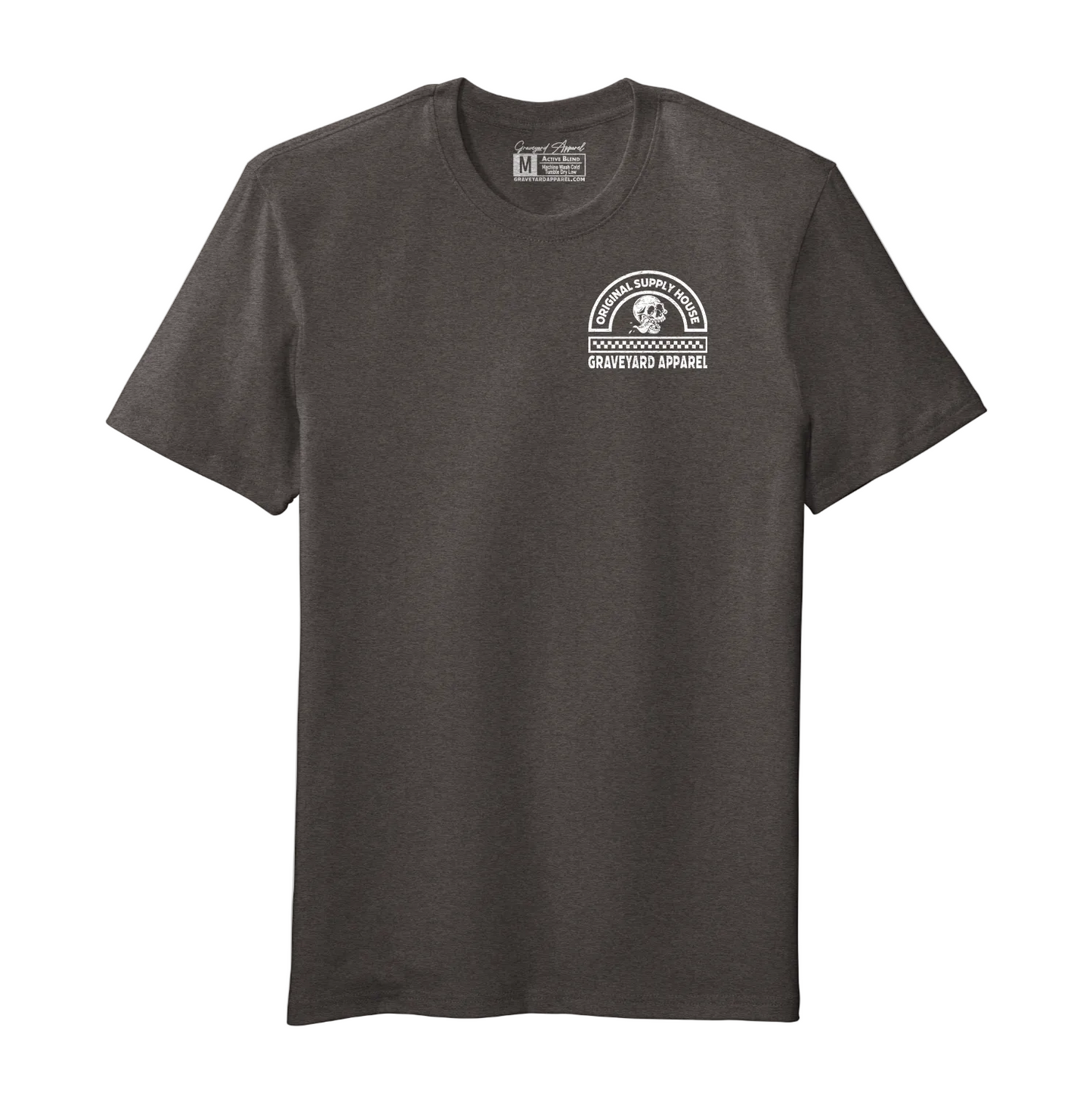 Dark gray t-shirt with a logo on the chest against a white background