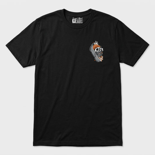 Black t-shirt front with a small left-chest skull sailor print