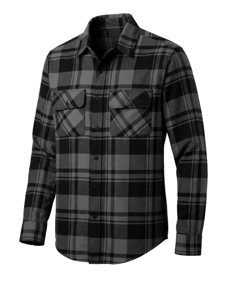 A men's long-sleeve plaid button-up shirt in black and gray, featuring two buttoned chest pockets.