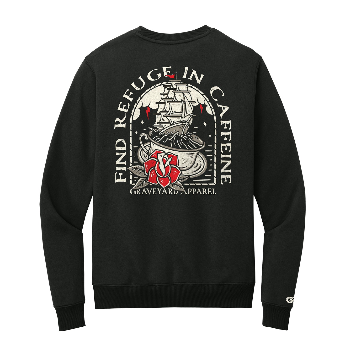 Refuge Sweater in black by Graveyard Apparel Co., mid-weight unisex crewneck with bold streetwear graphics