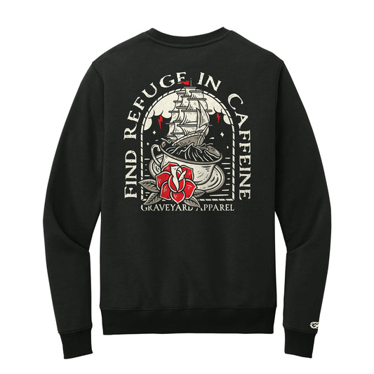 Refuge Sweater in black by Graveyard Apparel Co., mid-weight unisex crewneck with bold streetwear graphics
