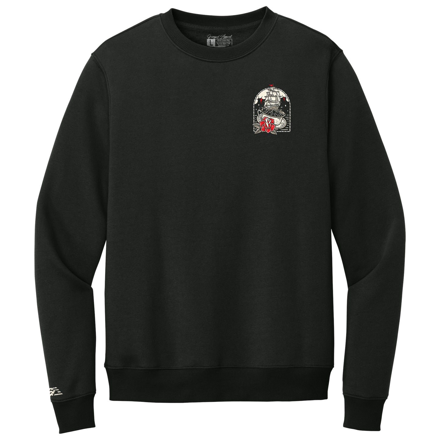 Close-up of Refuge Sweater front design showing edgy Graveyard Apparel logo and graphic detail.