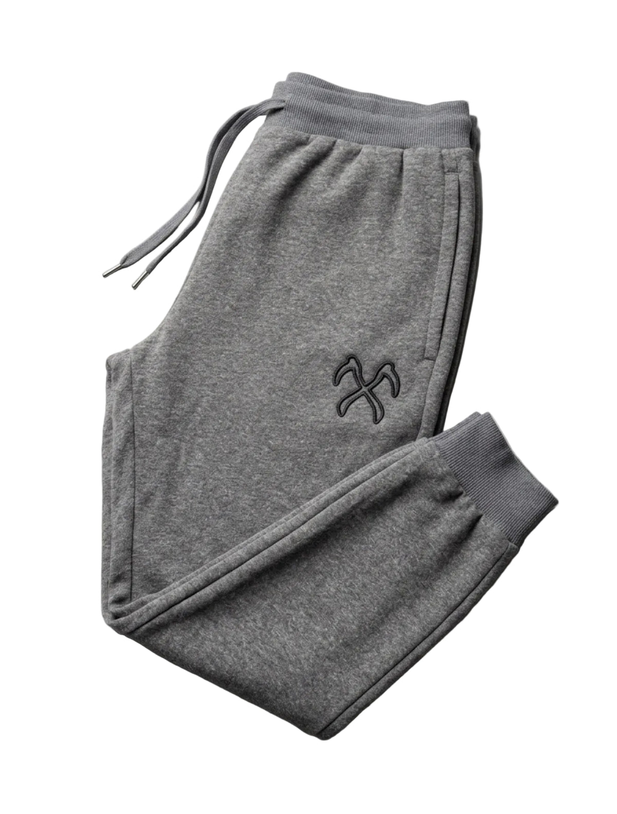 A pair of heather gray sweatpants folded neatly on a light gray background, featuring a dark gray embroidered logo on the thigh and a matching gray drawstring waistband.