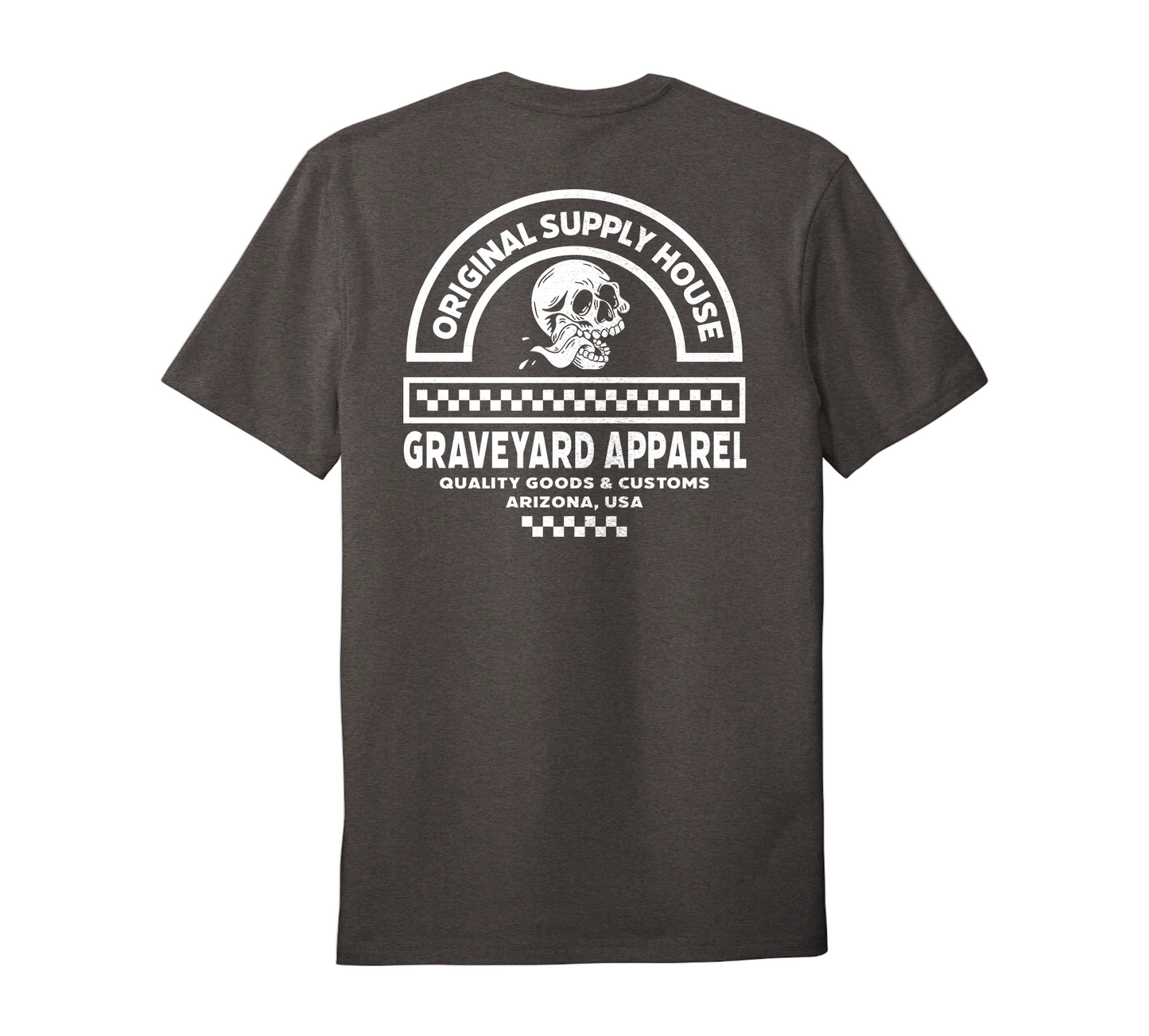 Grey t-shirt with 'Graveyard Apparel' logo on the back against a white background